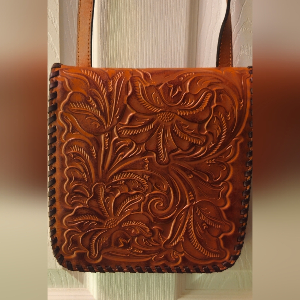 Patricia Nash Granada Warm Brown Tooled Leather Floral Embossed Crossbody Bag